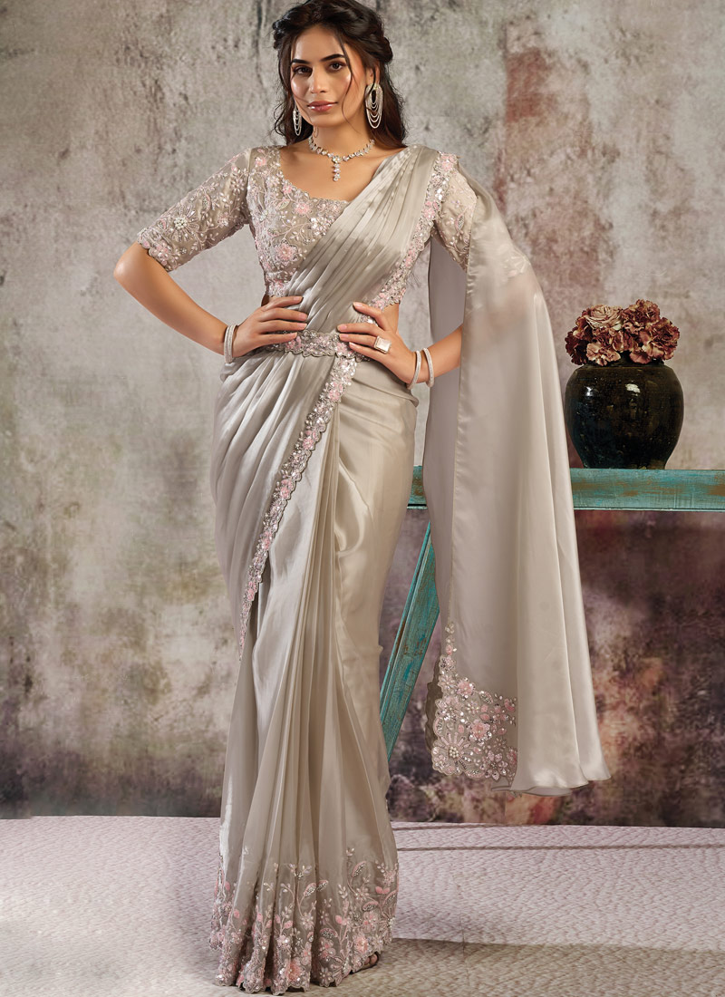 Grey Partywear One Minute Saree With Blouse And Belt