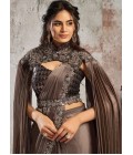 Brown Armani Satin Saree With Floral Embellishment And Cape Set