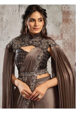 Brown Armani Satin Saree With Floral Embellishment And Cape Set