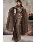 Brown Armani Satin Saree With Floral Embellishment And Cape Set