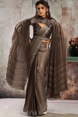 Brown Armani Satin Saree With Floral Embellishment And Cape Set