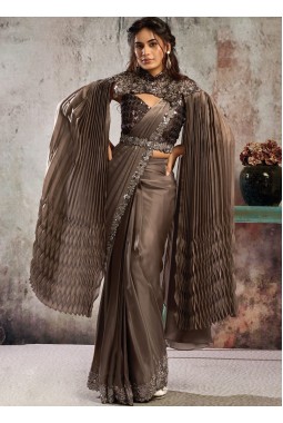 Brown Armani Satin Saree With Floral Embellishment And Cape Set