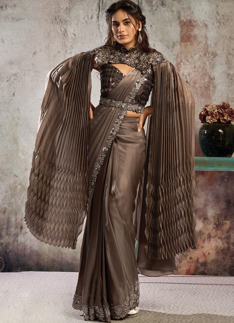 Brown Armani Satin Saree With Floral Embellishment And Cape Set