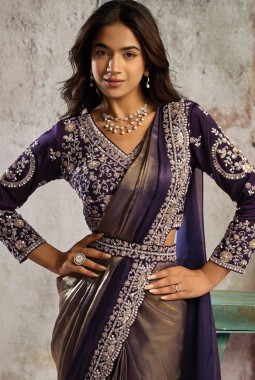 Purple Bronze Embellished Partywear One Minute Saree Set