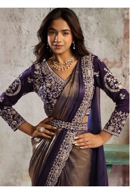 Purple Bronze Embellished Partywear One Minute Saree Set