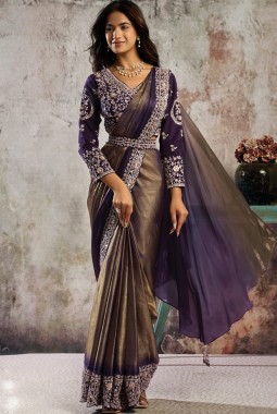 Purple Bronze Embellished Partywear One Minute Saree Set