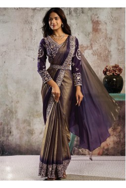 Purple Bronze Embellished Partywear One Minute Saree Set