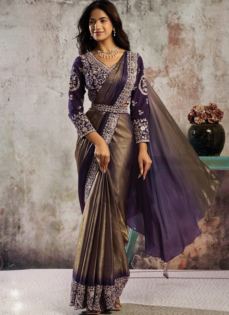 Purple Bronze Embellished Partywear One Minute Saree Set