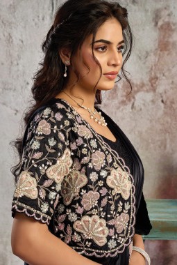 Black Lustrous Satin Partywear One Minute Saree