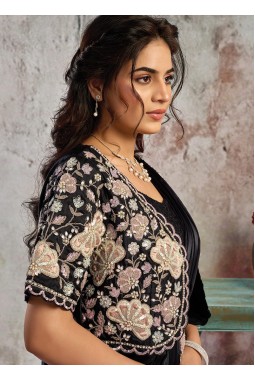 Black Lustrous Satin Partywear One Minute Saree