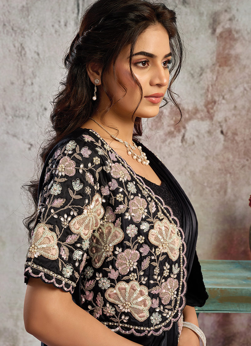Black Lustrous Satin Partywear One Minute Saree