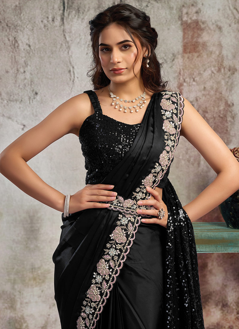 Black Lustrous Satin Partywear One Minute Saree