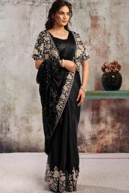 Black Lustrous Satin Partywear One Minute Saree