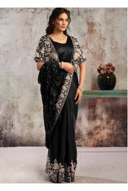 Black Lustrous Satin Partywear One Minute Saree