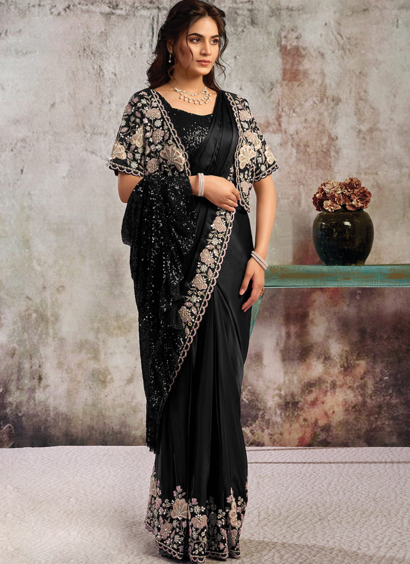 Black Lustrous Satin Partywear One Minute Saree