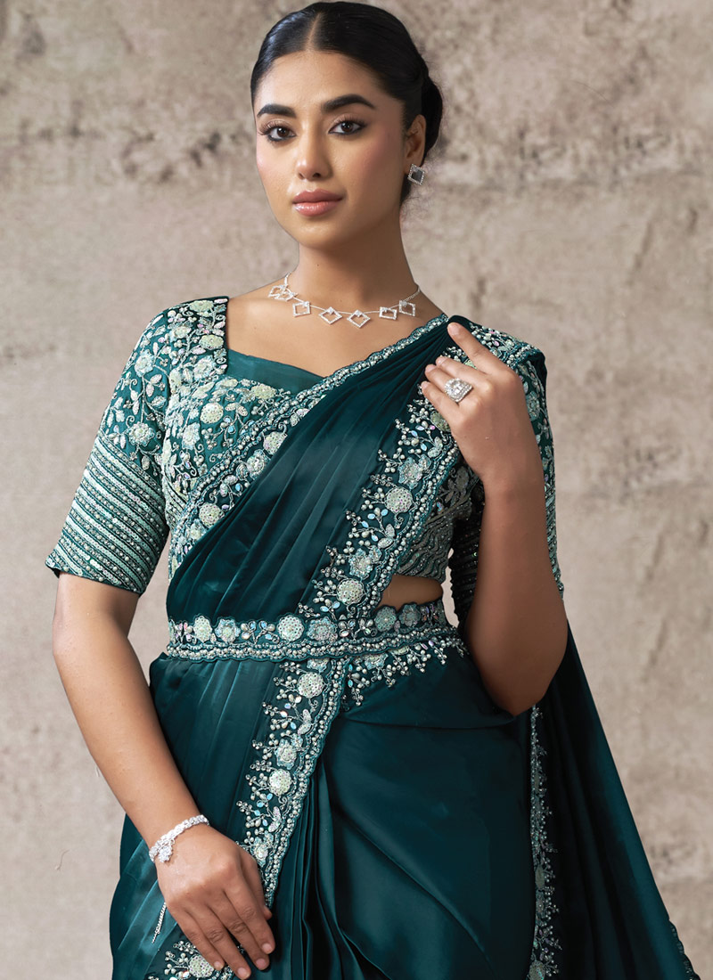 Rama Elegant Satin Silk Pre-Draped Saree With Sequin Handwork