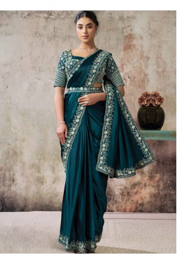 Rama Elegant Satin Silk Pre-Draped Saree With Sequin Handwork