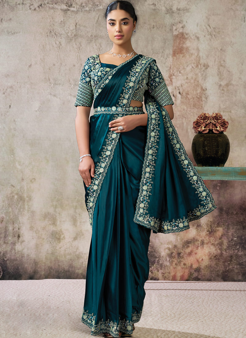 Rama Elegant Satin Silk Pre-Draped Saree With Sequin Handwork