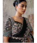 Black Elegant Satin Silk Pre-Draped Saree With Dual Sequins Embroidery And Belt Set