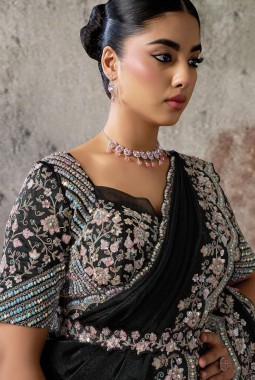 Black Elegant Satin Silk Pre-Draped Saree With Dual Sequins Embroidery And Belt Set