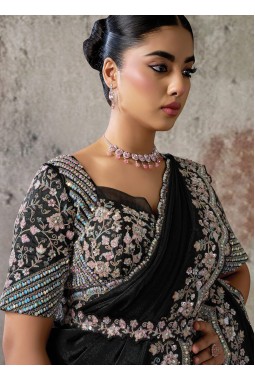 Black Elegant Satin Silk Pre-Draped Saree With Dual Sequins Embroidery And Belt Set