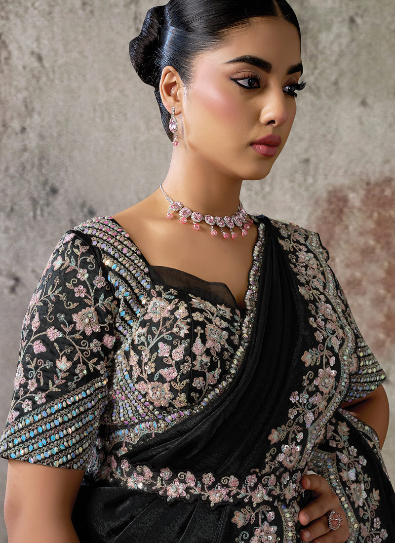 Black Elegant Satin Silk Pre-Draped Saree With Dual Sequins Embroidery And Belt Set