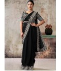 Black Elegant Satin Silk Pre-Draped Saree With Dual Sequins Embroidery And Belt Set