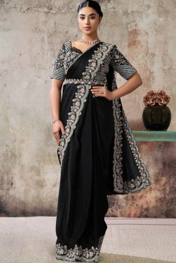 Black Elegant Satin Silk Pre-Draped Saree With Dual Sequins Embroidery And Belt Set