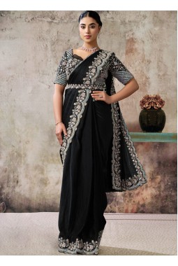 Black Elegant Satin Silk Pre-Draped Saree With Dual Sequins Embroidery And Belt Set