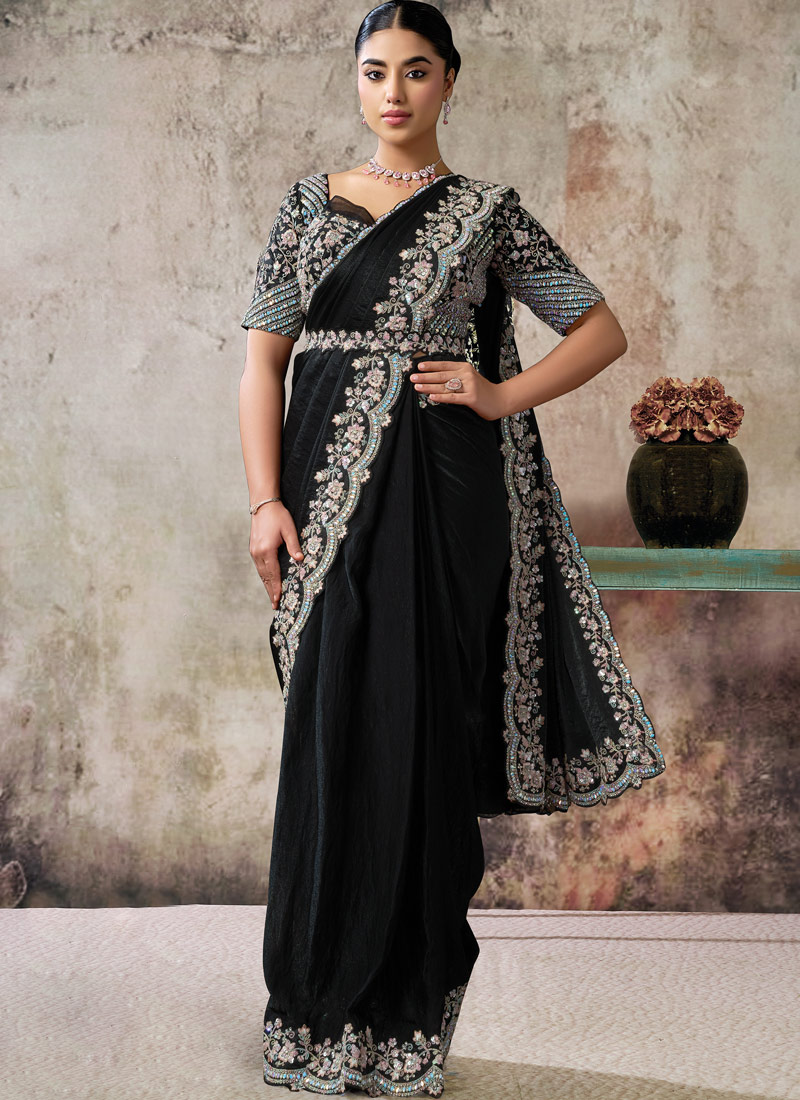 Black Elegant Satin Silk Pre-Draped Saree With Dual Sequins Embroidery And Belt Set