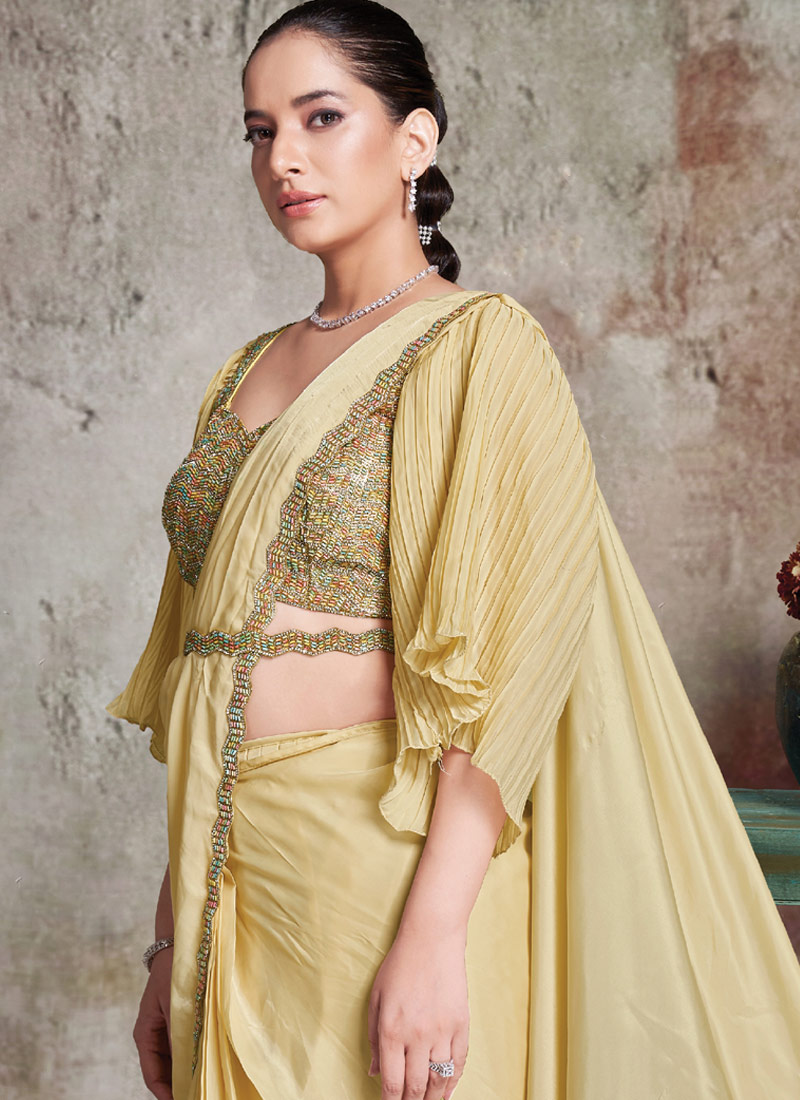 Yellow Designer One Minute Saree In Two Tone Satin Silk With Stone Work