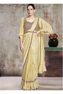 Yellow Designer One Minute Saree In Two Tone Satin Silk With Stone Work