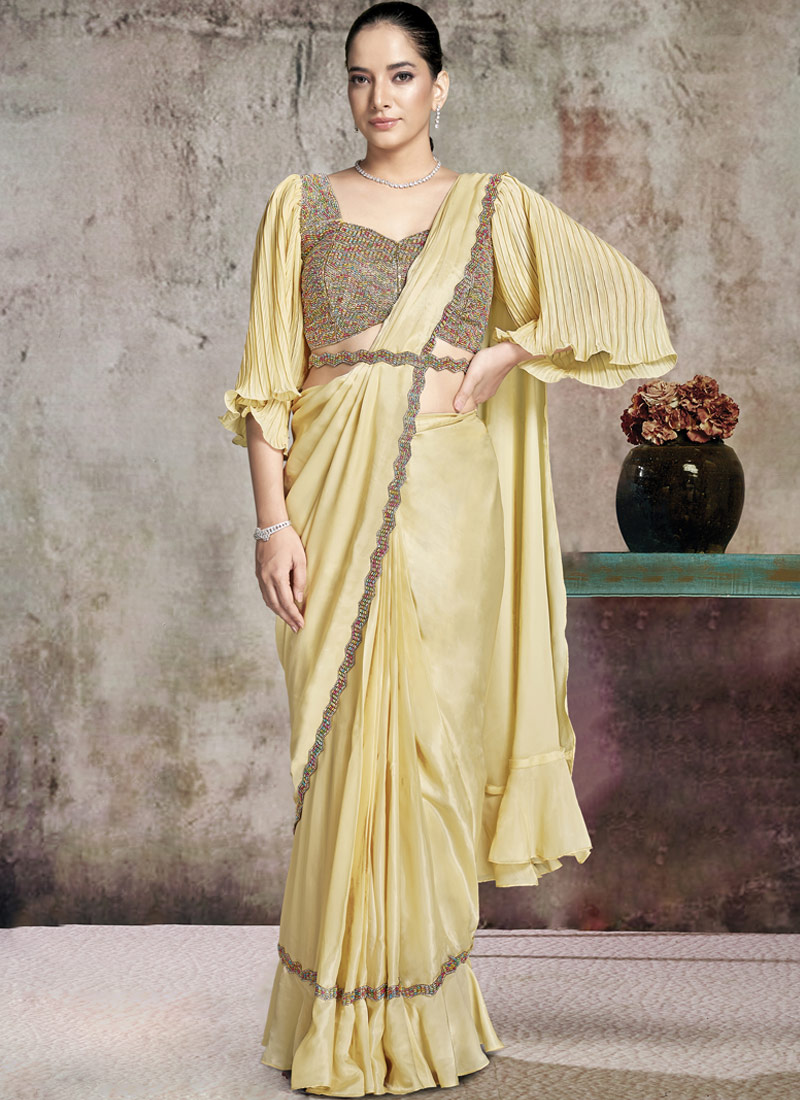 Yellow Designer One Minute Saree In Two Tone Satin Silk With Stone Work