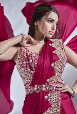 Red Crepe Satin Silk Designer Ready To Wear Saree