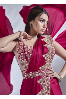 Red Crepe Satin Silk Designer Ready To Wear Saree