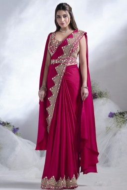 Red Crepe Satin Silk Designer Ready To Wear Saree