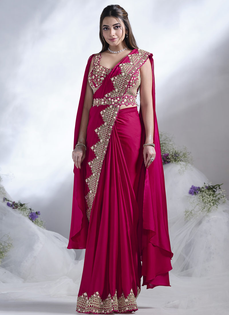 Red Crepe Satin Silk Designer Ready To Wear Saree