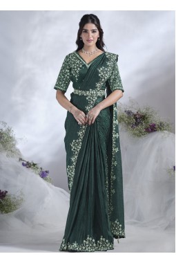 Green Two Tone Satin Silk Hand Work Designer Saree
