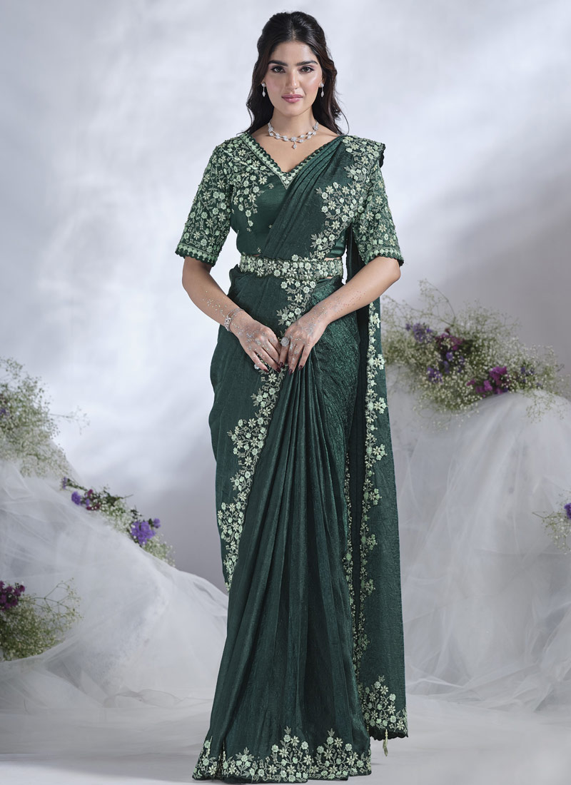 Green Two Tone Satin Silk Hand Work Designer Saree