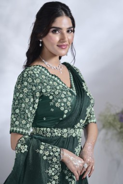 Green Two Tone Satin Silk Hand Work Designer Saree