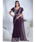 Purple Crepe Satin Silk Mirror Work Designer Saree