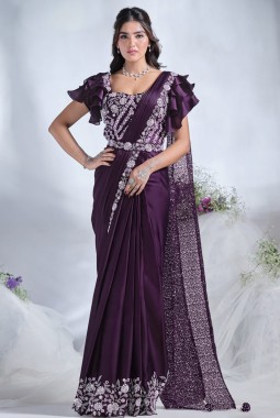 Purple Crepe Satin Silk Mirror Work Designer Saree