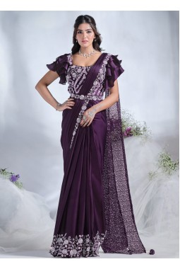 Purple Crepe Satin Silk Mirror Work Designer Saree