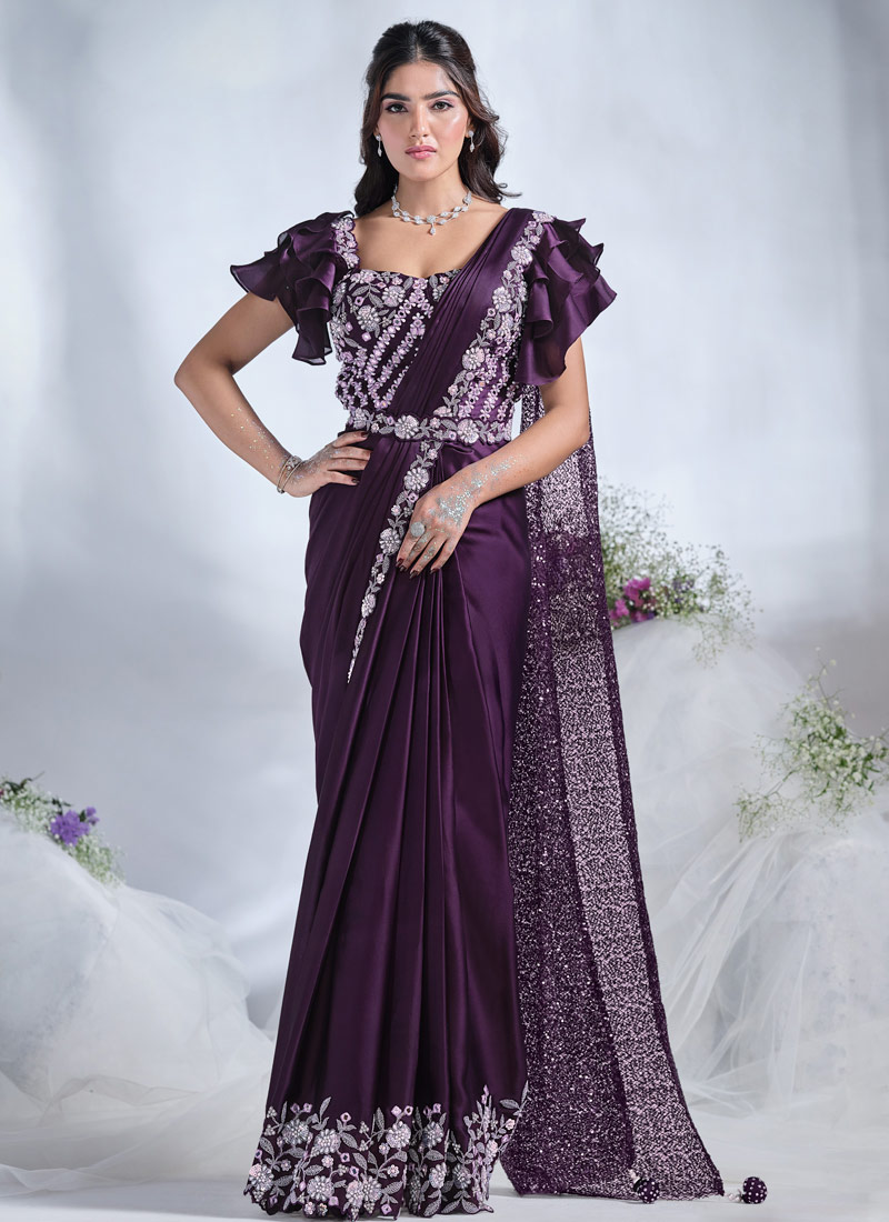 Purple Crepe Satin Silk Mirror Work Designer Saree