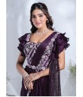 Purple Crepe Satin Silk Mirror Work Designer Saree