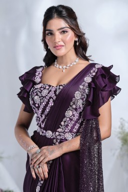 Purple Crepe Satin Silk Mirror Work Designer Saree
