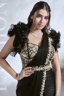 Black Two Tone Satin Silk Hand Work Designer Saree