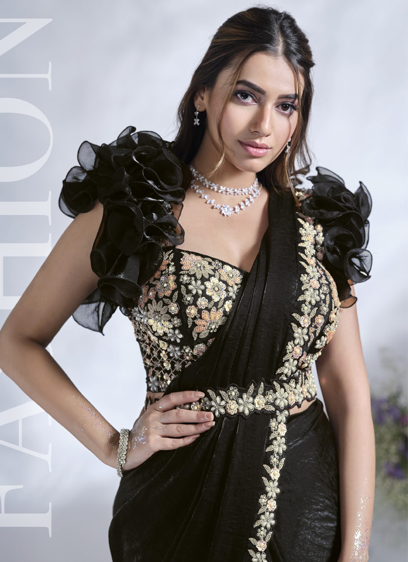 Black Two Tone Satin Silk Hand Work Designer Saree