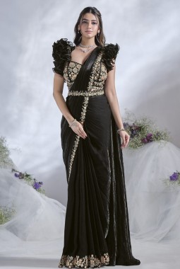 Black Two Tone Satin Silk Hand Work Designer Saree