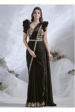 Black Two Tone Satin Silk Hand Work Designer Saree